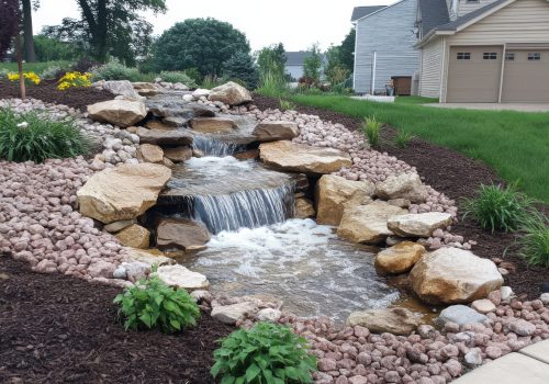 Backyard waterfall with rocks and landscaping in residential neighborhood eye level view water feature design